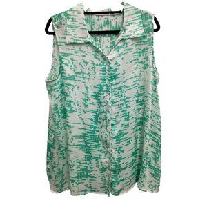 Susan Graver Womens Top Size 1X Green White Sheer Sleeveless Button Up Casual